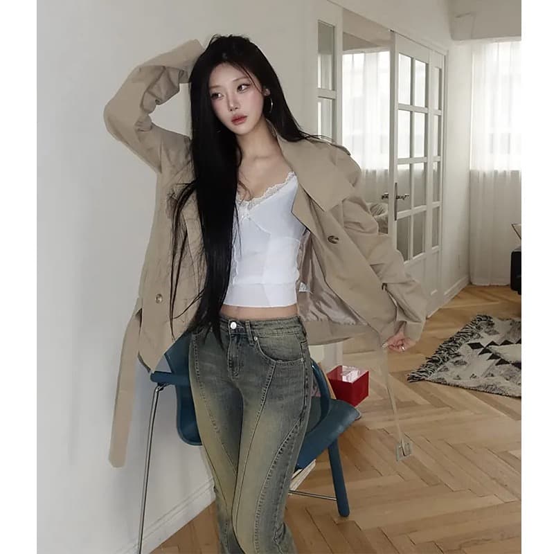 chic 한국 스타일 이중 버튼 바람막이 쇼트 스타일 재킷 이미지 3