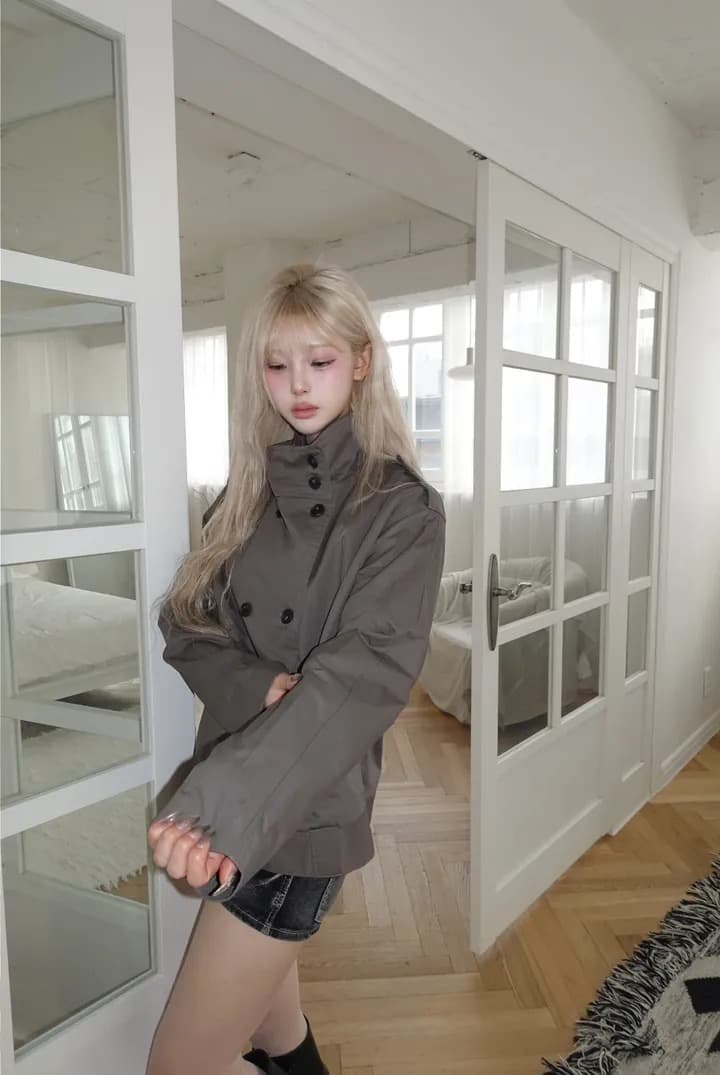 chic 한국 스타일 이중 버튼 바람막이 쇼트 스타일 재킷 상세 이미지 5