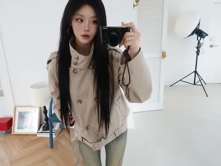 chic 한국 스타일 이중 버튼 바람막이 쇼트 스타일 재킷 상세 이미지 9
