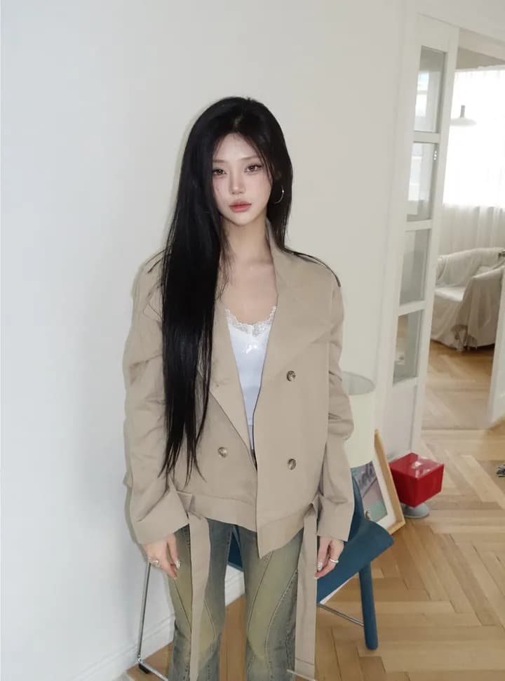 chic 한국 스타일 이중 버튼 바람막이 쇼트 스타일 재킷 상세 이미지 11