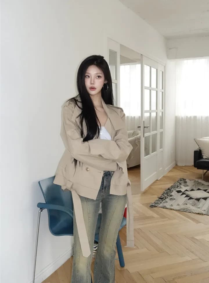chic 한국 스타일 이중 버튼 바람막이 쇼트 스타일 재킷 상세 이미지 12