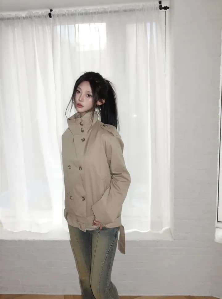 chic 한국 스타일 이중 버튼 바람막이 쇼트 스타일 재킷 상세 이미지 13