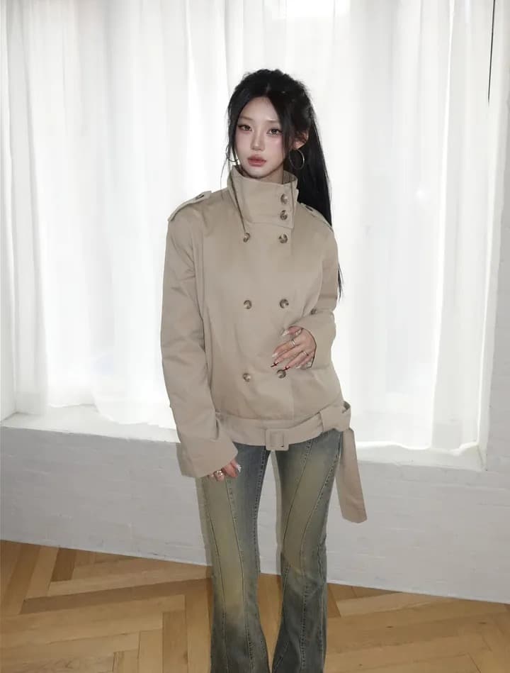 chic 한국 스타일 이중 버튼 바람막이 쇼트 스타일 재킷 상세 이미지 14