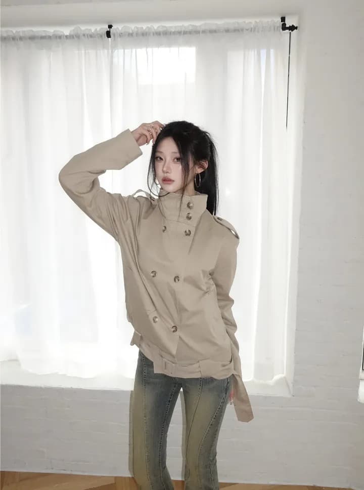chic 한국 스타일 이중 버튼 바람막이 쇼트 스타일 재킷 상세 이미지 15