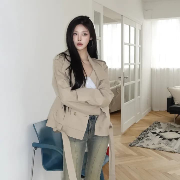 chic 한국 스타일 이중 버튼 바람막이 쇼트 스타일 재킷 상세 이미지 18