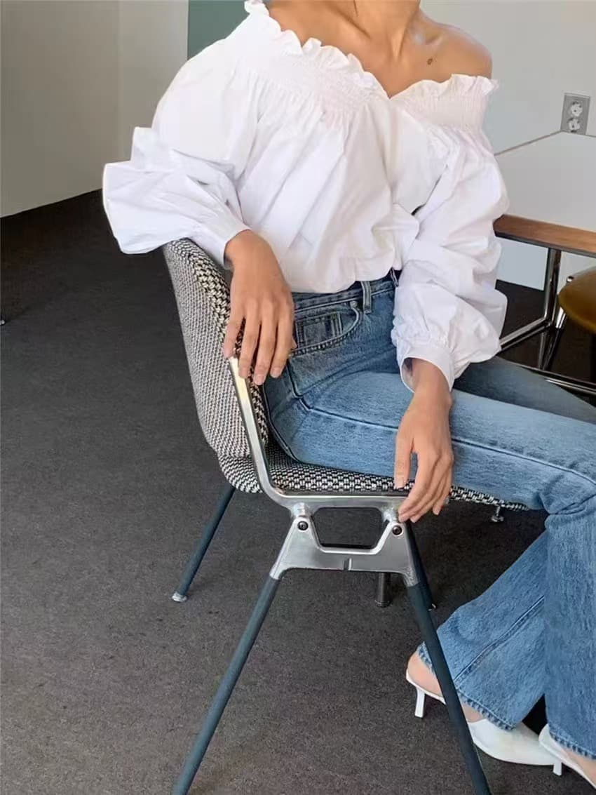 한국 chic 가을 프랑스식 우유 블루 디스플레이 화이트 보트넥 오프숄더 디자인 센스 양성 및 음성 둘 착용 벌룬 소매 여성 셔츠 상세 이미지 6