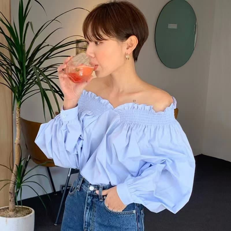 한국 chic 가을 프랑스식 우유 블루 디스플레이 화이트 보트넥 오프숄더 디자인 센스 양성 및 음성 둘 착용 벌룬 소매 여성 셔츠 상세 이미지 7