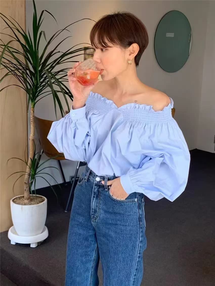 한국 chic 가을 프랑스식 우유 블루 디스플레이 화이트 보트넥 오프숄더 디자인 센스 양성 및 음성 둘 착용 벌룬 소매 여성 셔츠 상세 이미지 10