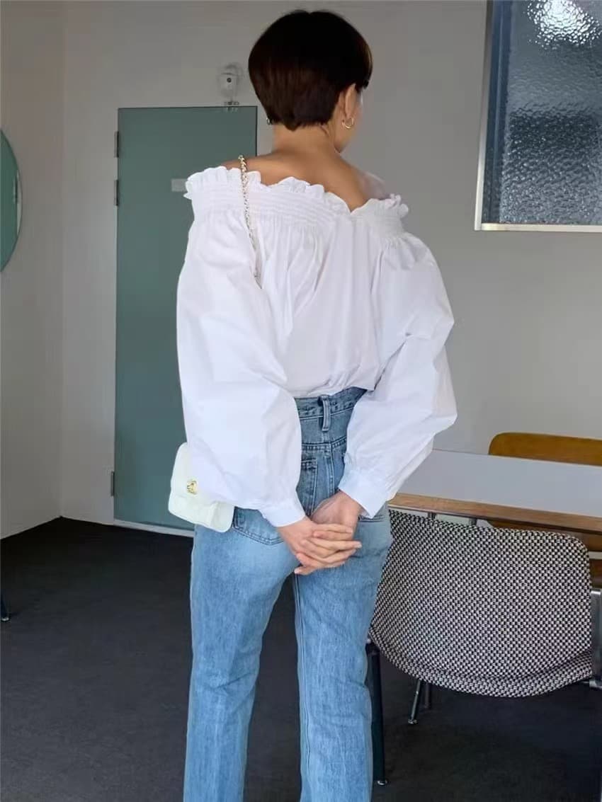 한국 chic 가을 프랑스식 우유 블루 디스플레이 화이트 보트넥 오프숄더 디자인 센스 양성 및 음성 둘 착용 벌룬 소매 여성 셔츠 상세 이미지 16