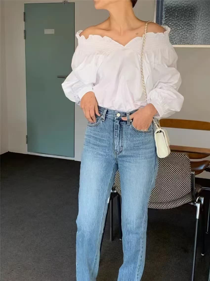 한국 chic 가을 프랑스식 우유 블루 디스플레이 화이트 보트넥 오프숄더 디자인 센스 양성 및 음성 둘 착용 벌룬 소매 여성 셔츠 상세 이미지 17