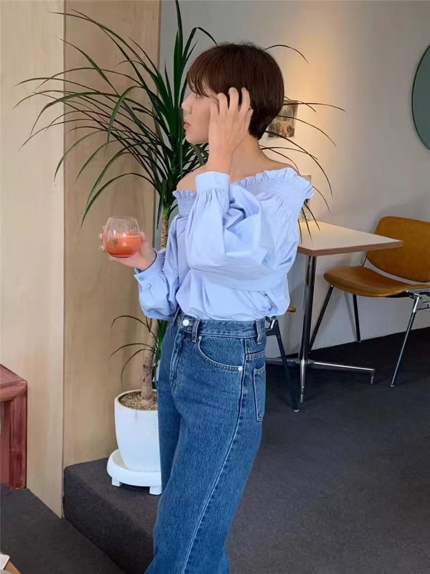 한국 chic 가을 프랑스식 우유 블루 디스플레이 화이트 보트넥 오프숄더 디자인 센스 양성 및 음성 둘 착용 벌룬 소매 여성 셔츠 상세 이미지 18
