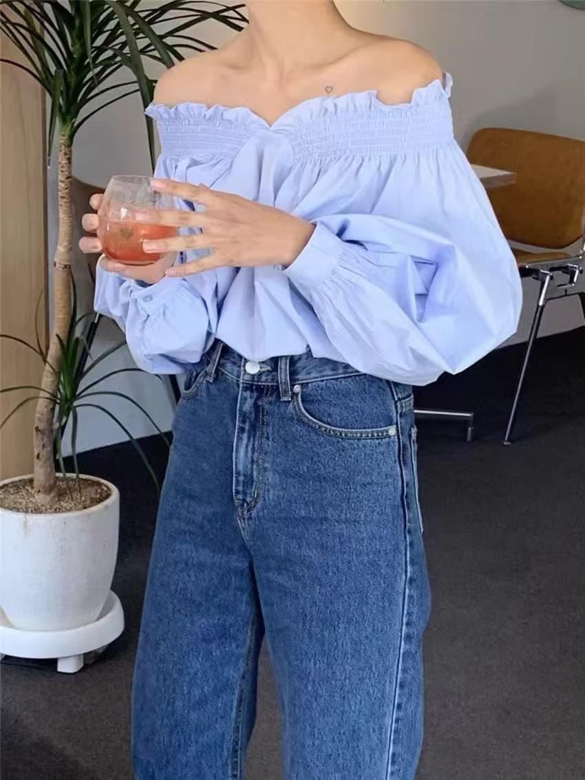 한국 chic 가을 프랑스식 우유 블루 디스플레이 화이트 보트넥 오프숄더 디자인 센스 양성 및 음성 둘 착용 벌룬 소매 여성 셔츠 상세 이미지 20