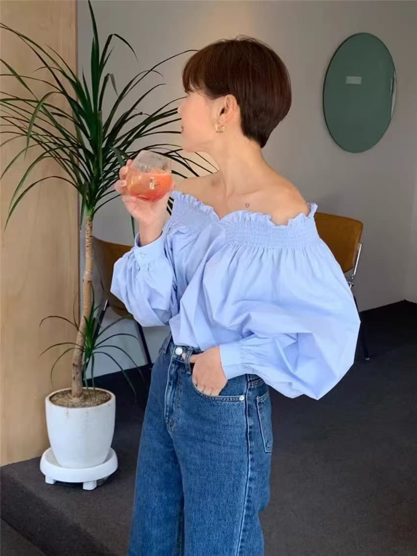 한국 chic 가을 프랑스식 우유 블루 디스플레이 화이트 보트넥 오프숄더 디자인 센스 양성 및 음성 둘 착용 벌룬 소매 여성 셔츠 상세 이미지 22