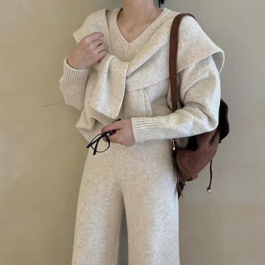 한국 2026 가을 겨울철 새로운 느긋한 바람 니트 세 조각 여성 세트 숄 스웨터 와이드 레그 팬츠 캐주얼 상세 이미지 7