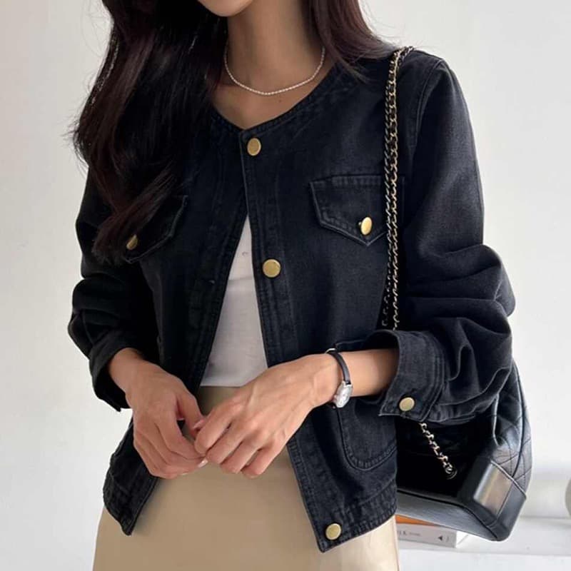 선물 화물 한국 chic 가을 겨울 연령 감소 미니멀리즘 라운드 넥 주머니 워싱 데님 재킷 품격 여성 코트 이미지 2