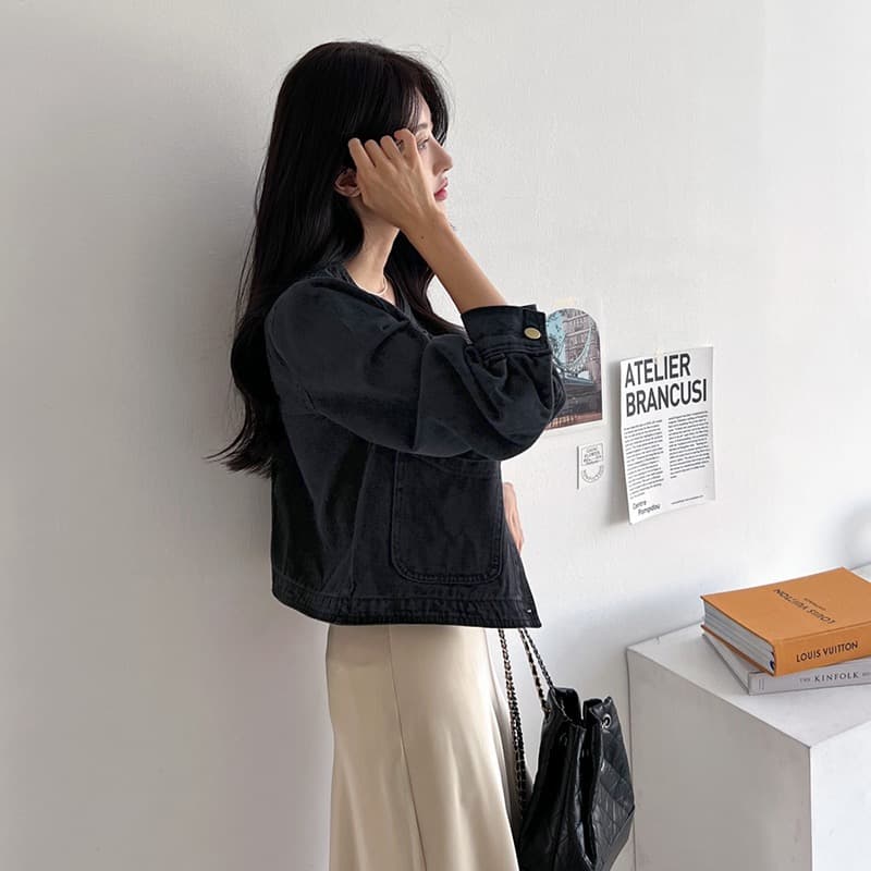 선물 화물 한국 chic 가을 겨울 연령 감소 미니멀리즘 라운드 넥 주머니 워싱 데님 재킷 품격 여성 코트 상세 이미지 3