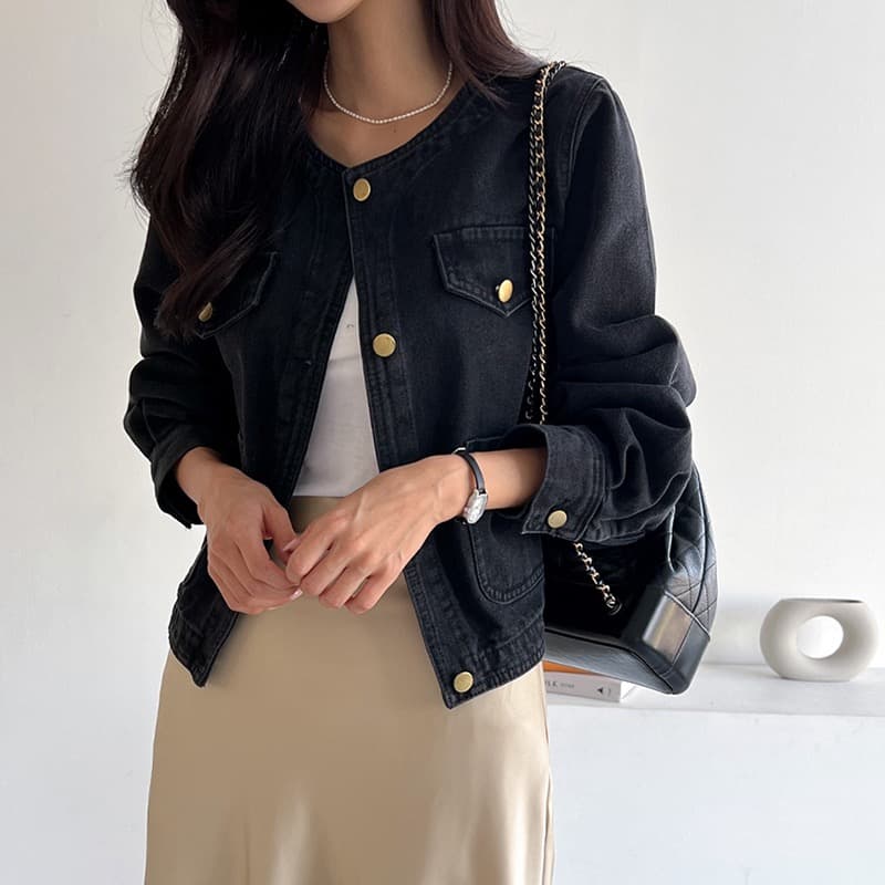 선물 화물 한국 chic 가을 겨울 연령 감소 미니멀리즘 라운드 넥 주머니 워싱 데님 재킷 품격 여성 코트 상세 이미지 4