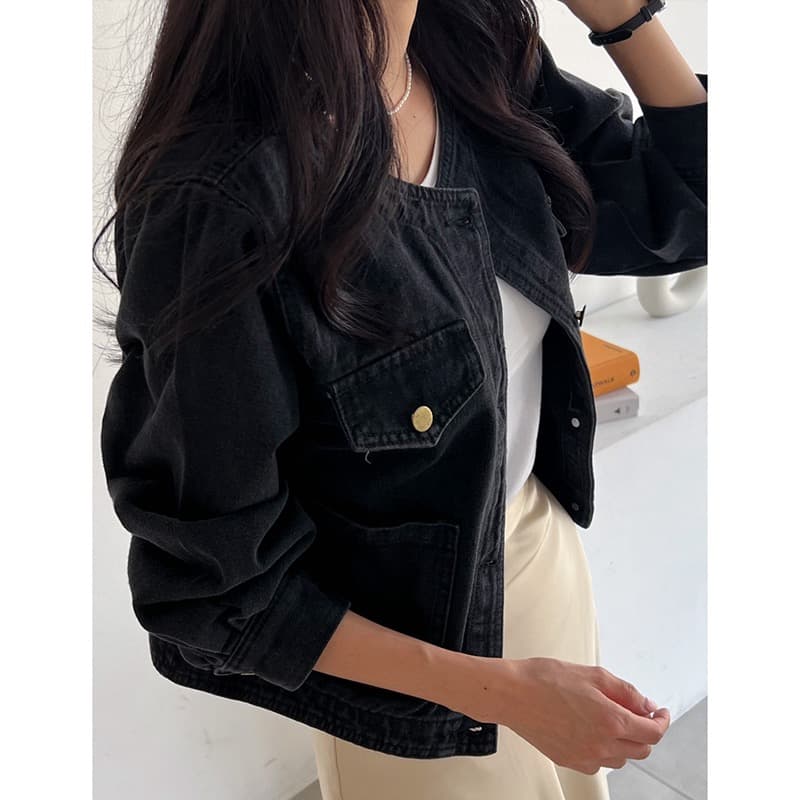 선물 화물 한국 chic 가을 겨울 연령 감소 미니멀리즘 라운드 넥 주머니 워싱 데님 재킷 품격 여성 코트 상세 이미지 10