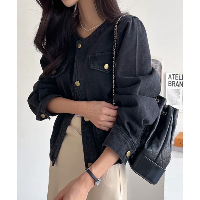 선물 화물 한국 chic 가을 겨울 연령 감소 미니멀리즘 라운드 넥 주머니 워싱 데님 재킷 품격 여성 코트 상세 이미지 11