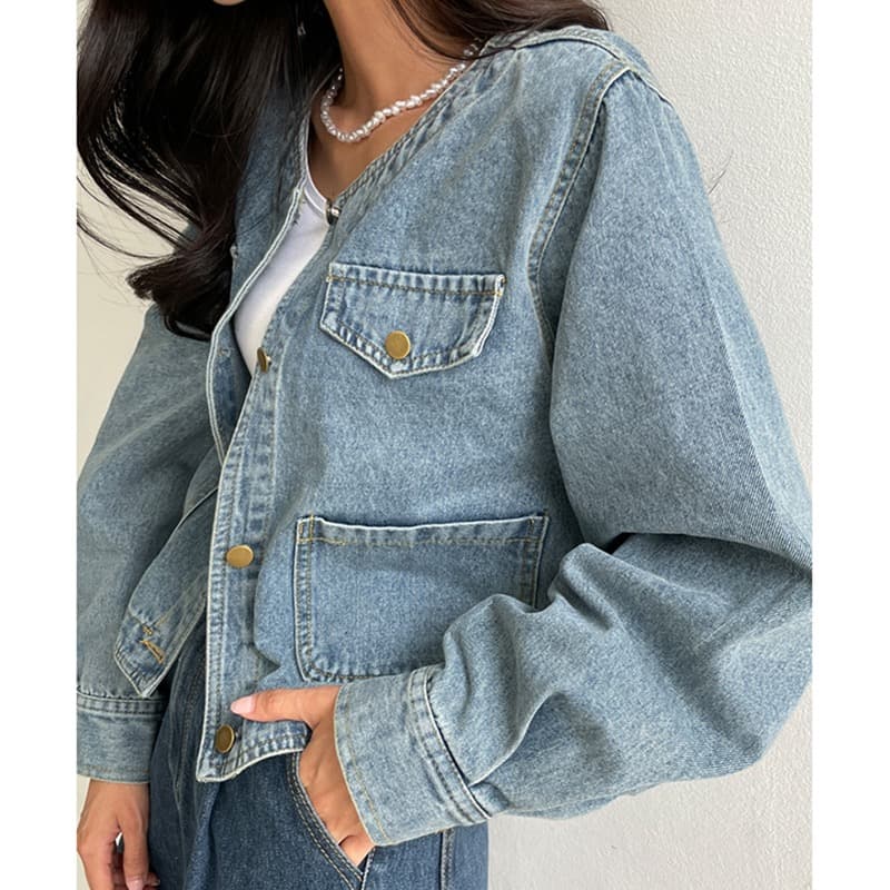 선물 화물 한국 chic 가을 겨울 연령 감소 미니멀리즘 라운드 넥 주머니 워싱 데님 재킷 품격 여성 코트 상세 이미지 16