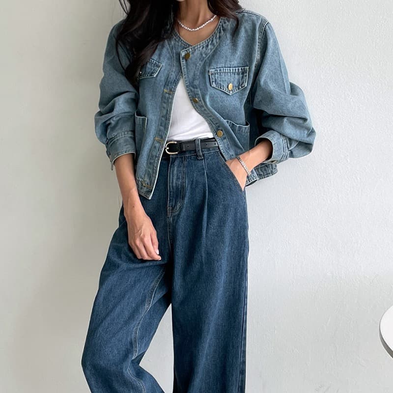 선물 화물 한국 chic 가을 겨울 연령 감소 미니멀리즘 라운드 넥 주머니 워싱 데님 재킷 품격 여성 코트 상세 이미지 17