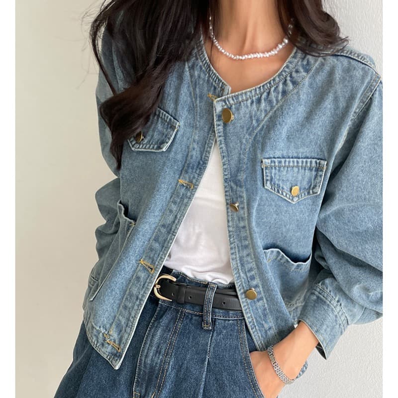 선물 화물 한국 chic 가을 겨울 연령 감소 미니멀리즘 라운드 넥 주머니 워싱 데님 재킷 품격 여성 코트 상세 이미지 18