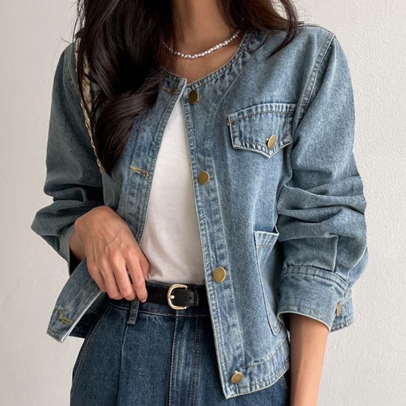 선물 화물 한국 chic 가을 겨울 연령 감소 미니멀리즘 라운드 넥 주머니 워싱 데님 재킷 품격 여성 코트 상세 이미지 21