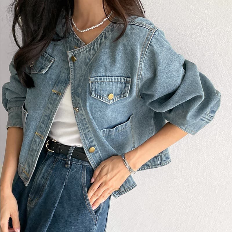 선물 화물 한국 chic 가을 겨울 연령 감소 미니멀리즘 라운드 넥 주머니 워싱 데님 재킷 품격 여성 코트 상세 이미지 22