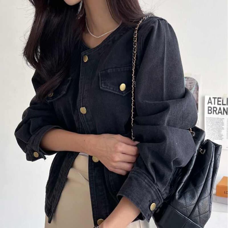 선물 화물 한국 chic 가을 겨울 연령 감소 미니멀리즘 라운드 넥 주머니 워싱 데님 재킷 품격 여성 코트 상세 이미지 27