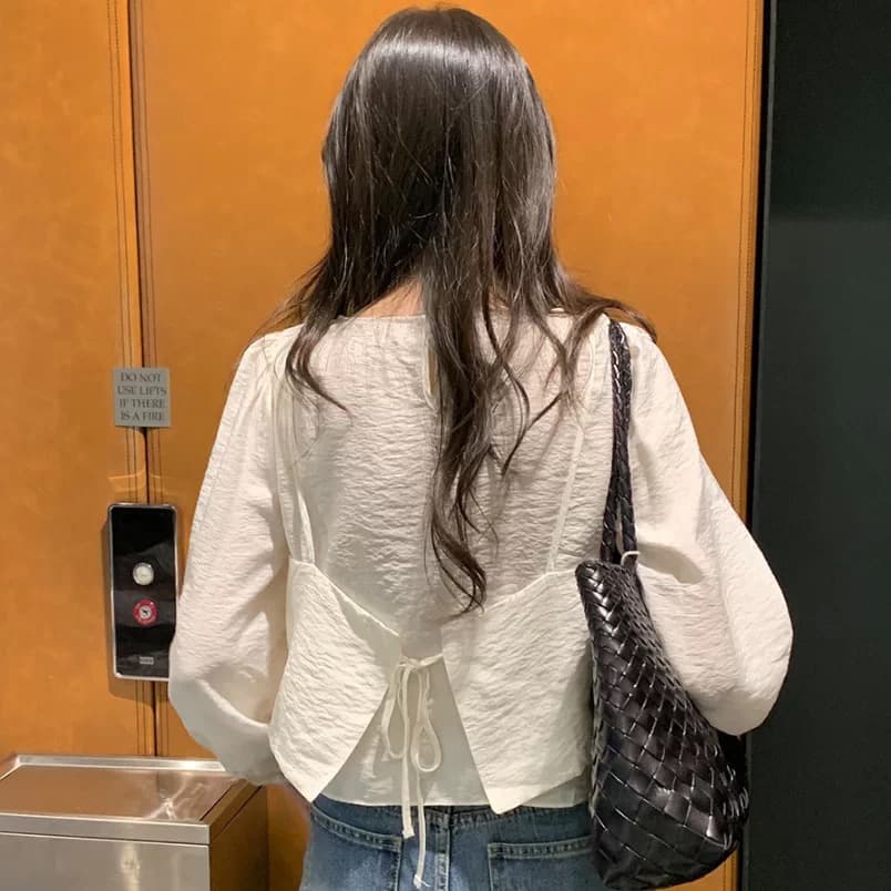 한국 구매 신선함 라운드 넥 페이크 레이어드 레이어링 쇼트 스타일 긴팔 셔츠 이미지 3