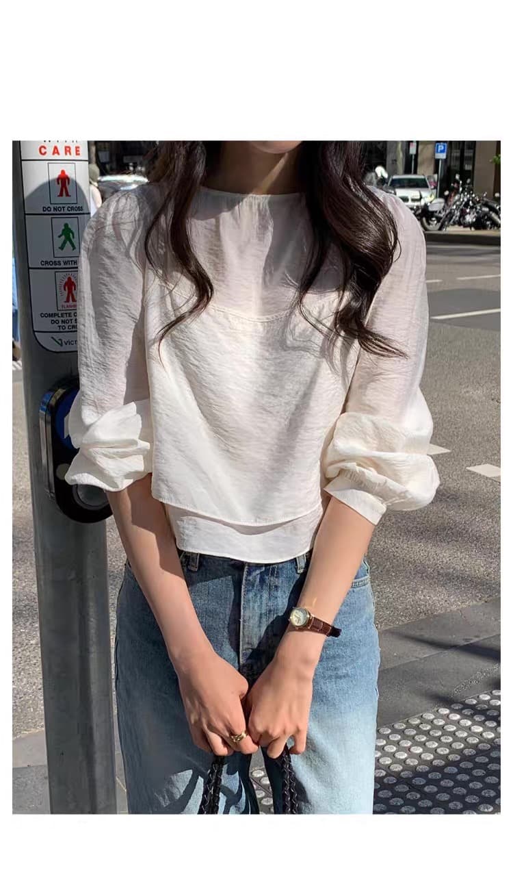 한국 구매 신선함 라운드 넥 페이크 레이어드 레이어링 쇼트 스타일 긴팔 셔츠 이미지 2