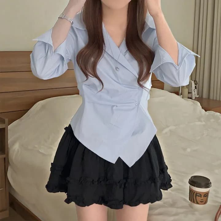 한국 스타일 디자인 불규칙 허리 수축 셔츠 스트라이프 셔츠 긴팔 새로운 슬림해 보이는 맨위 상세 이미지 3