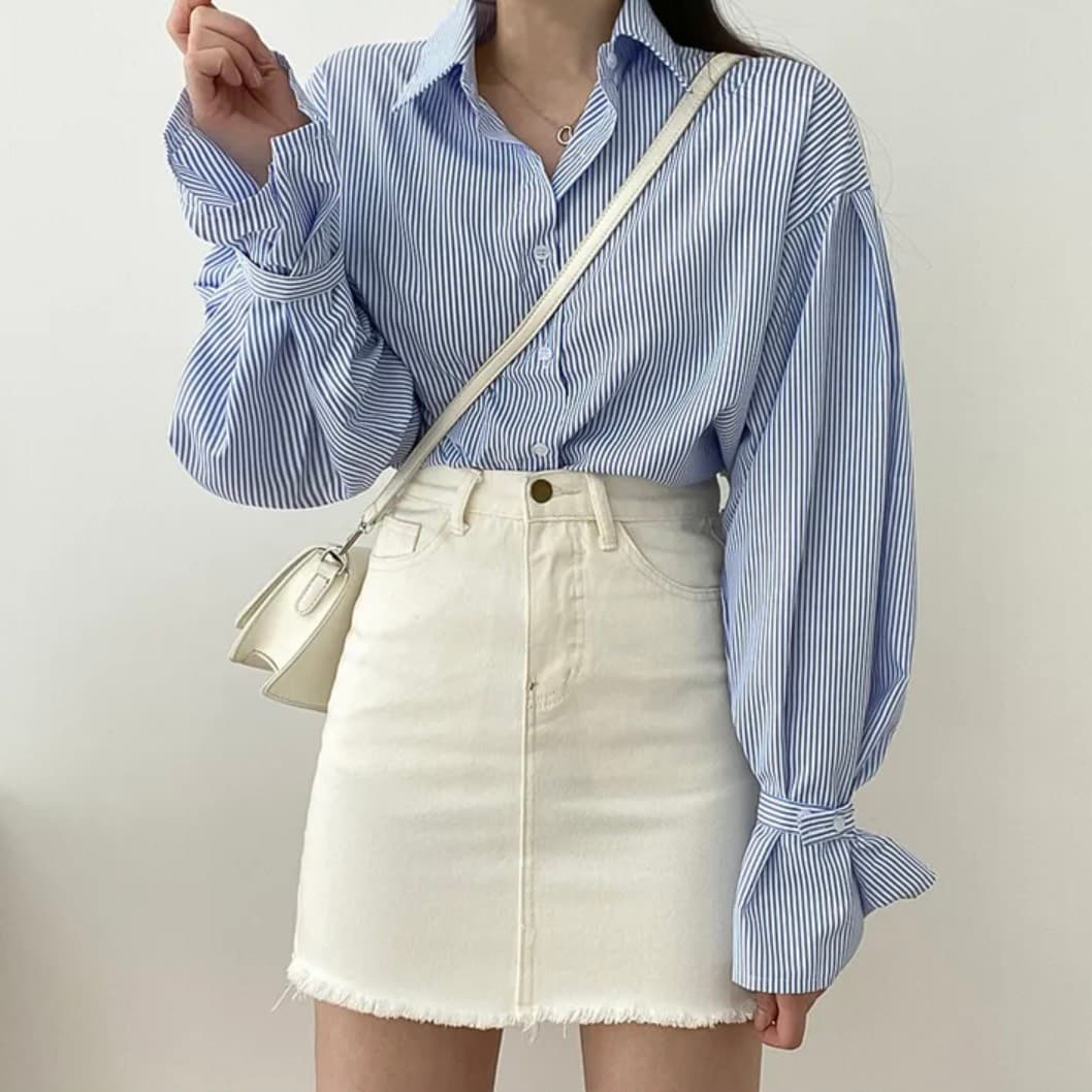 한국 chic 미니멀리즘 작은 대중 벌룬 소매 스트라이프 셔츠 맨위 이미지 2