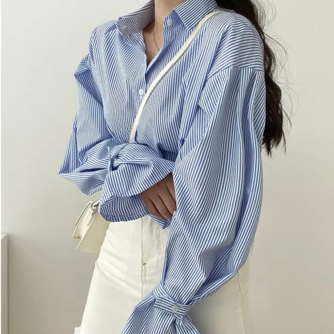 한국 chic 미니멀리즘 작은 대중 벌룬 소매 스트라이프 셔츠 맨위 이미지 3