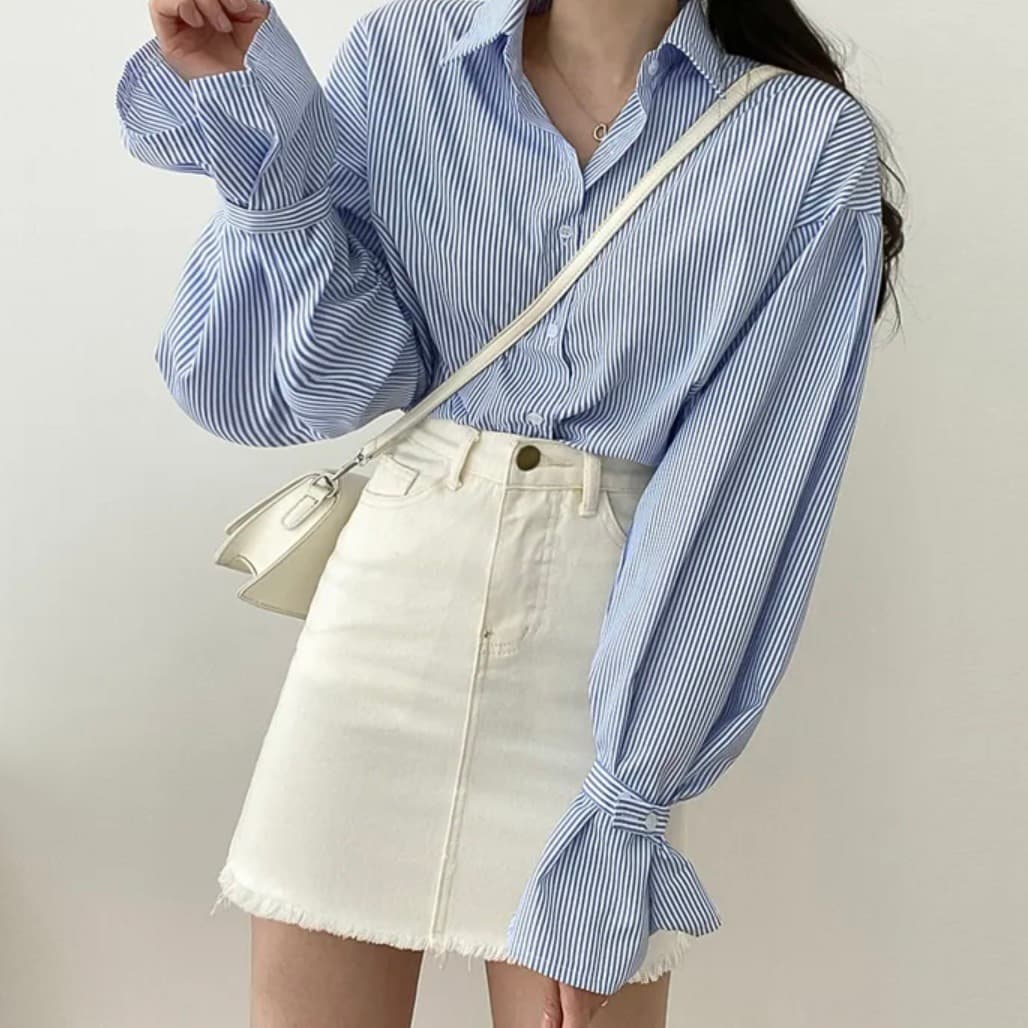 한국 chic 미니멀리즘 작은 대중 벌룬 소매 스트라이프 셔츠 맨위 상세 이미지 2