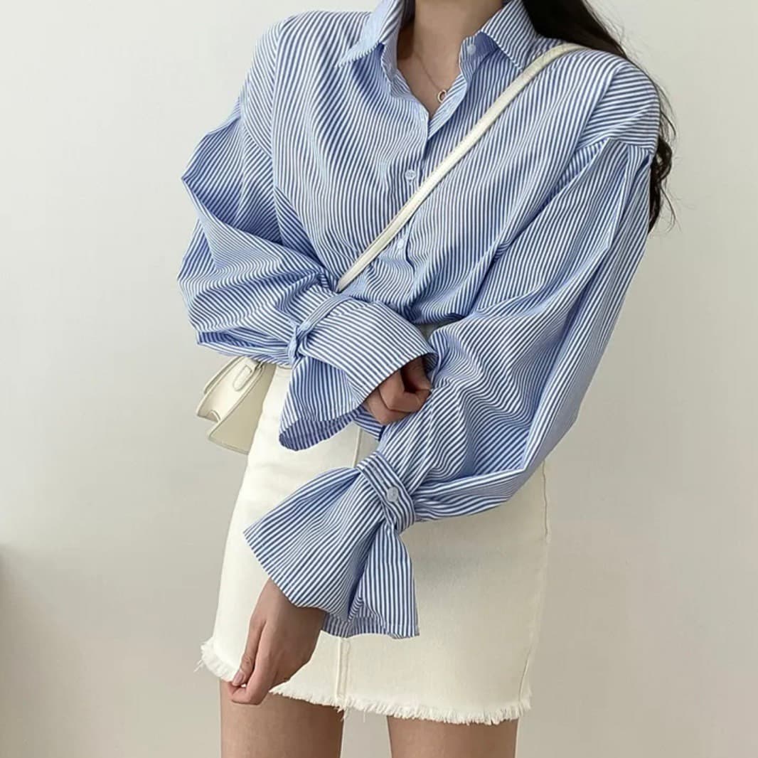 한국 chic 미니멀리즘 작은 대중 벌룬 소매 스트라이프 셔츠 맨위 상세 이미지 5