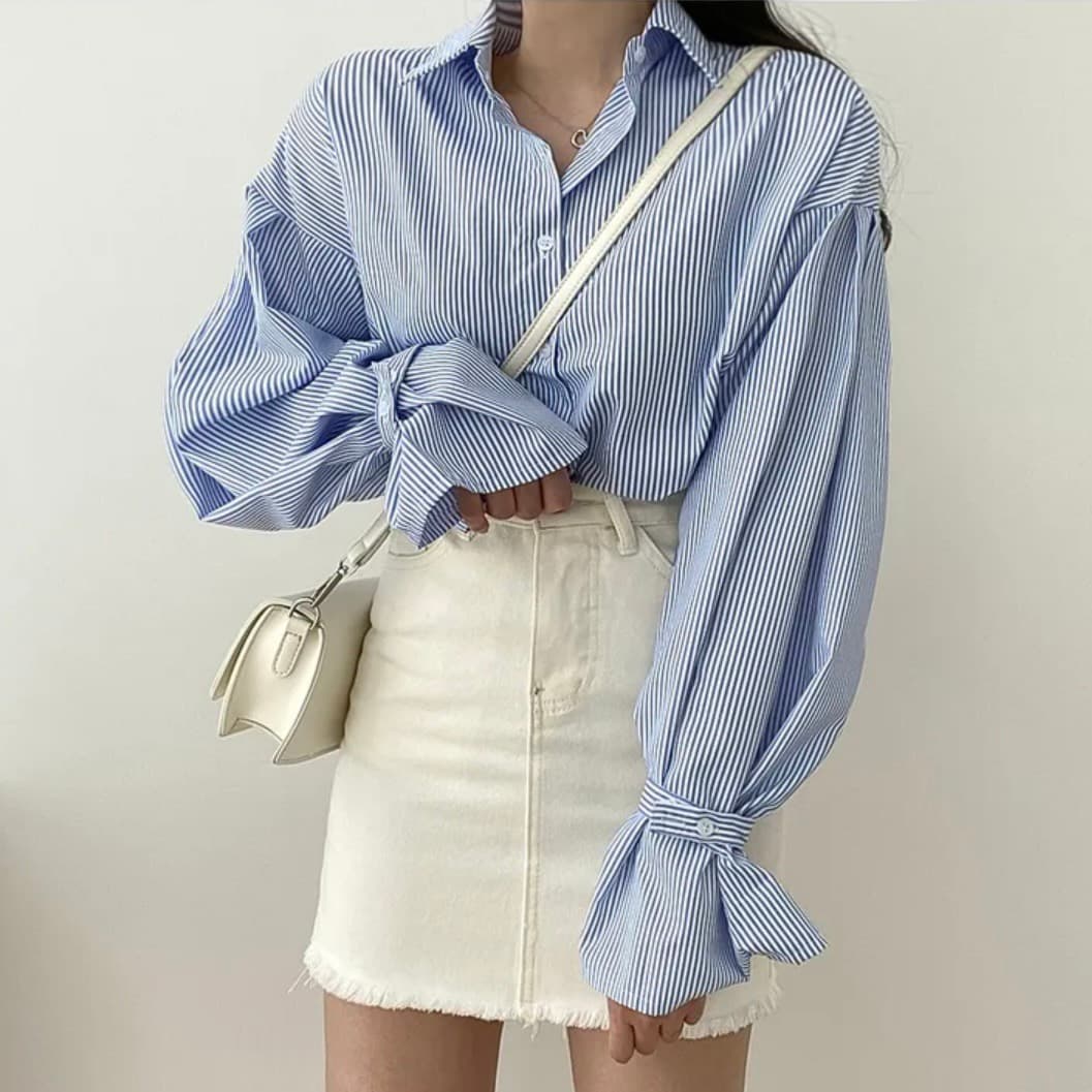 한국 chic 미니멀리즘 작은 대중 벌룬 소매 스트라이프 셔츠 맨위 상세 이미지 6