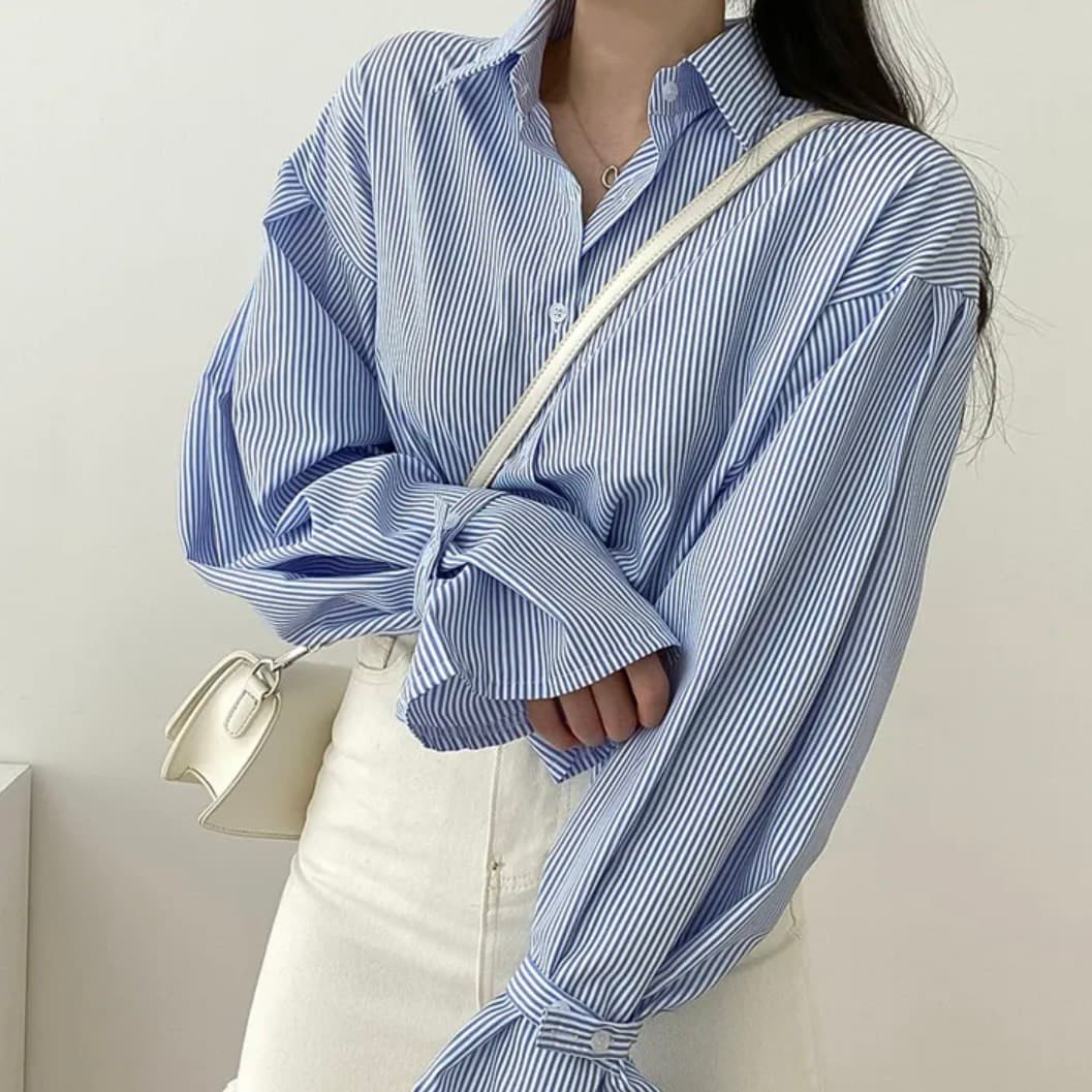 한국 chic 미니멀리즘 작은 대중 벌룬 소매 스트라이프 셔츠 맨위 상세 이미지 8