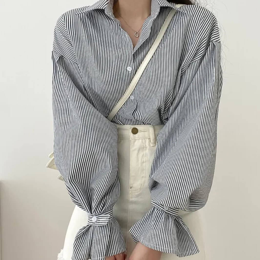 한국 chic 미니멀리즘 작은 대중 벌룬 소매 스트라이프 셔츠 맨위 상세 이미지 10
