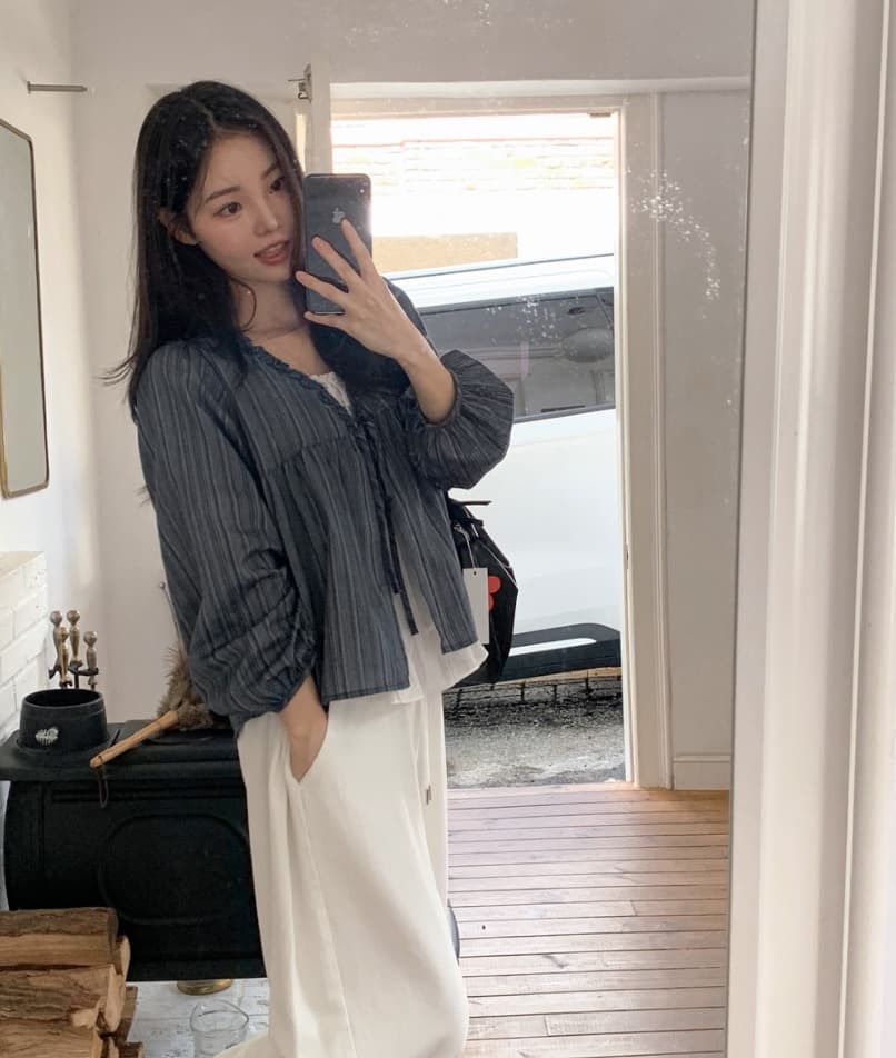 한 부서 가을 달콤함 페이크 레이어드 긴팔 프릴 긴팔 스트라이프 맨위 여성 루즈핏 슬림해 보이는 다용도 인형 셔츠 상세 이미지 10