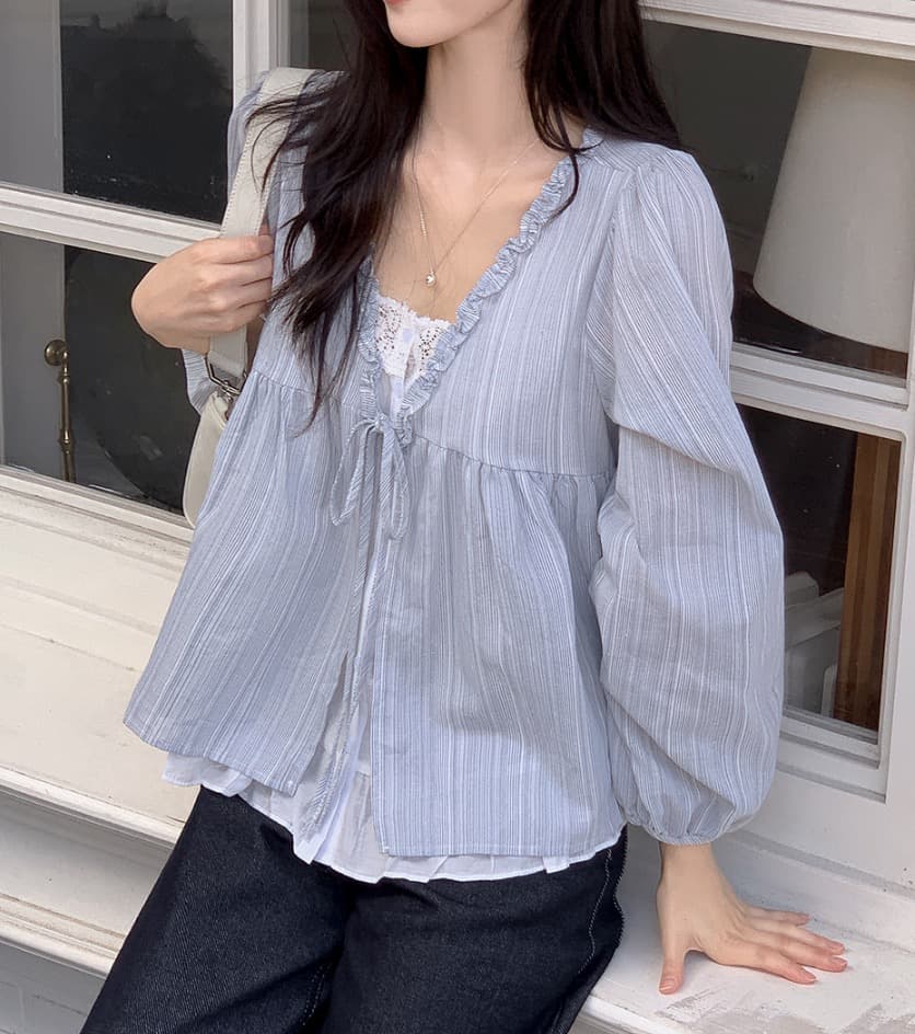 한 부서 가을 달콤함 페이크 레이어드 긴팔 프릴 긴팔 스트라이프 맨위 여성 루즈핏 슬림해 보이는 다용도 인형 셔츠 상세 이미지 20
