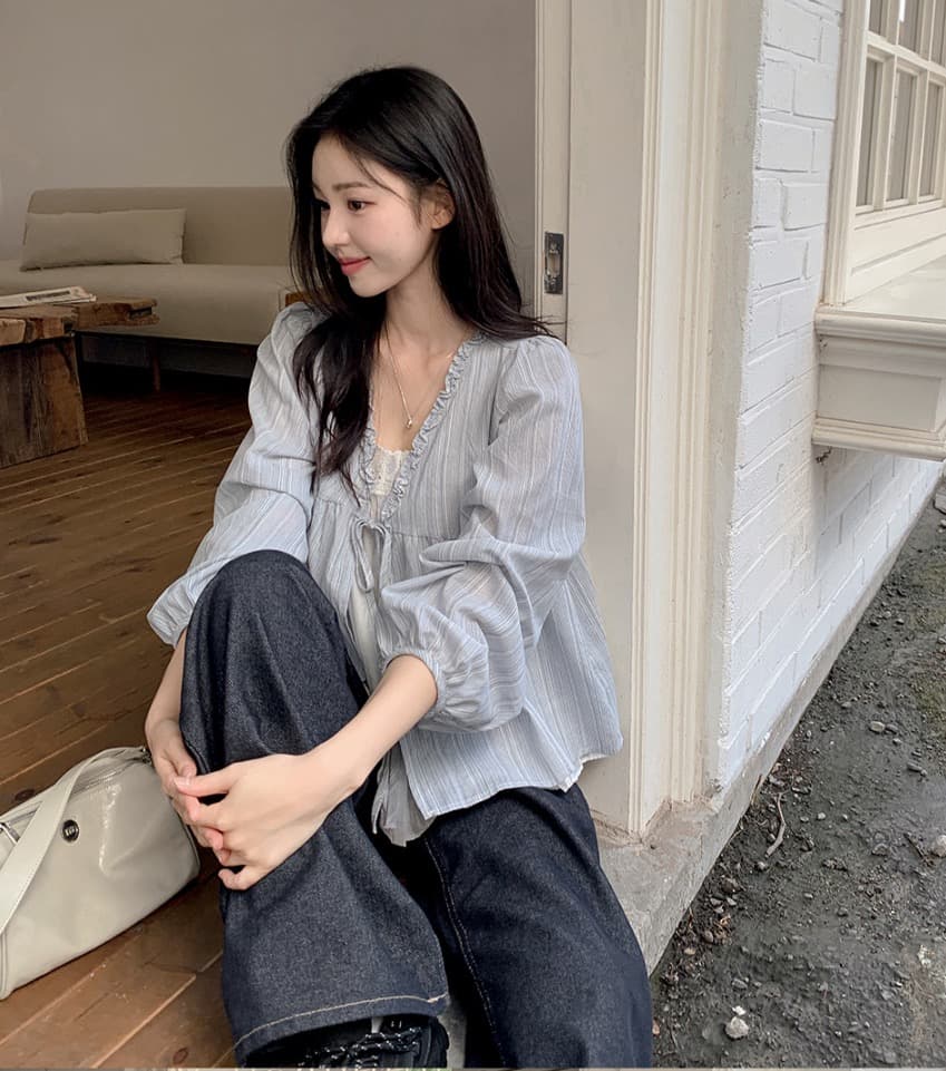 한 부서 가을 달콤함 페이크 레이어드 긴팔 프릴 긴팔 스트라이프 맨위 여성 루즈핏 슬림해 보이는 다용도 인형 셔츠 상세 이미지 31