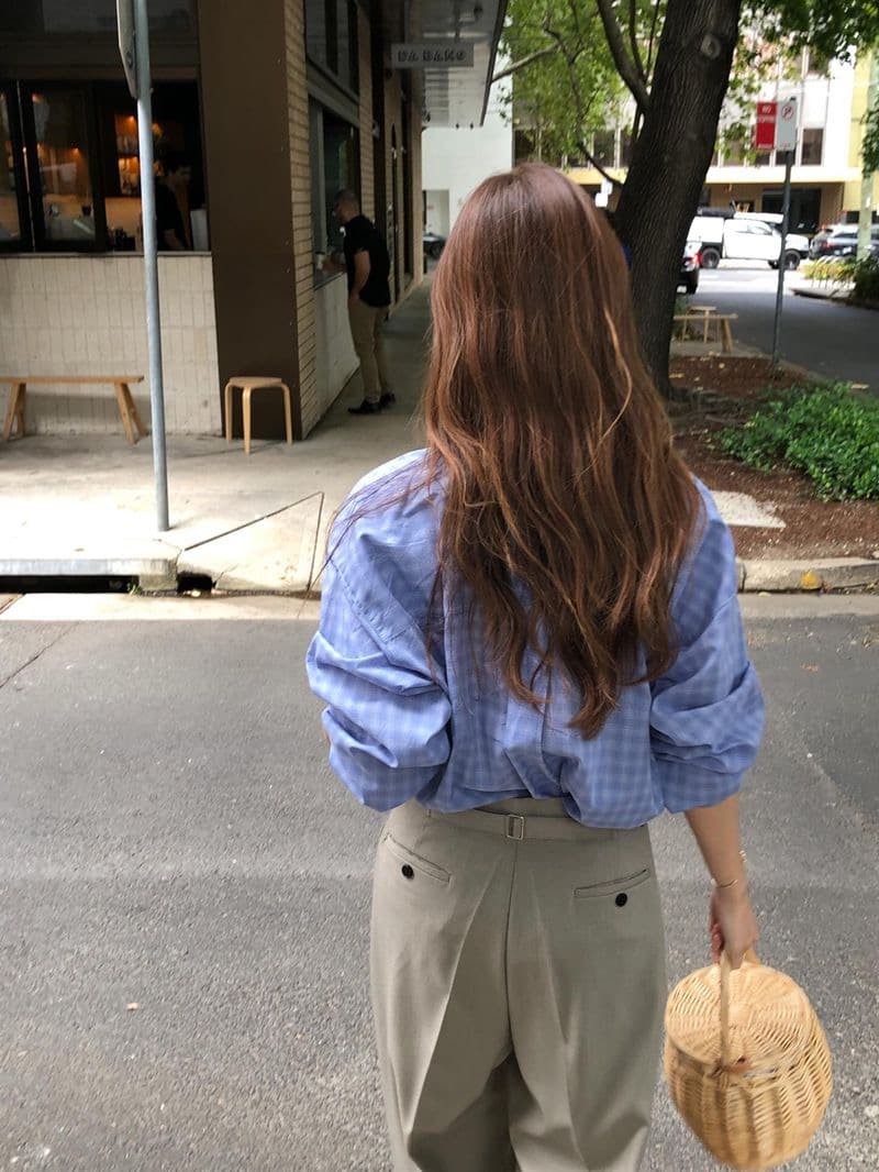 한국 동대문 체크무늬 리본 셔츠 부드러운 나비 넥타이 품격 루즈핏 다용도 긴팔 셔츠 상세 이미지 4