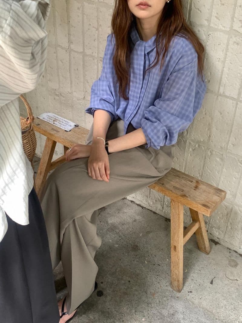 한국 동대문 체크무늬 리본 셔츠 부드러운 나비 넥타이 품격 루즈핏 다용도 긴팔 셔츠 상세 이미지 7