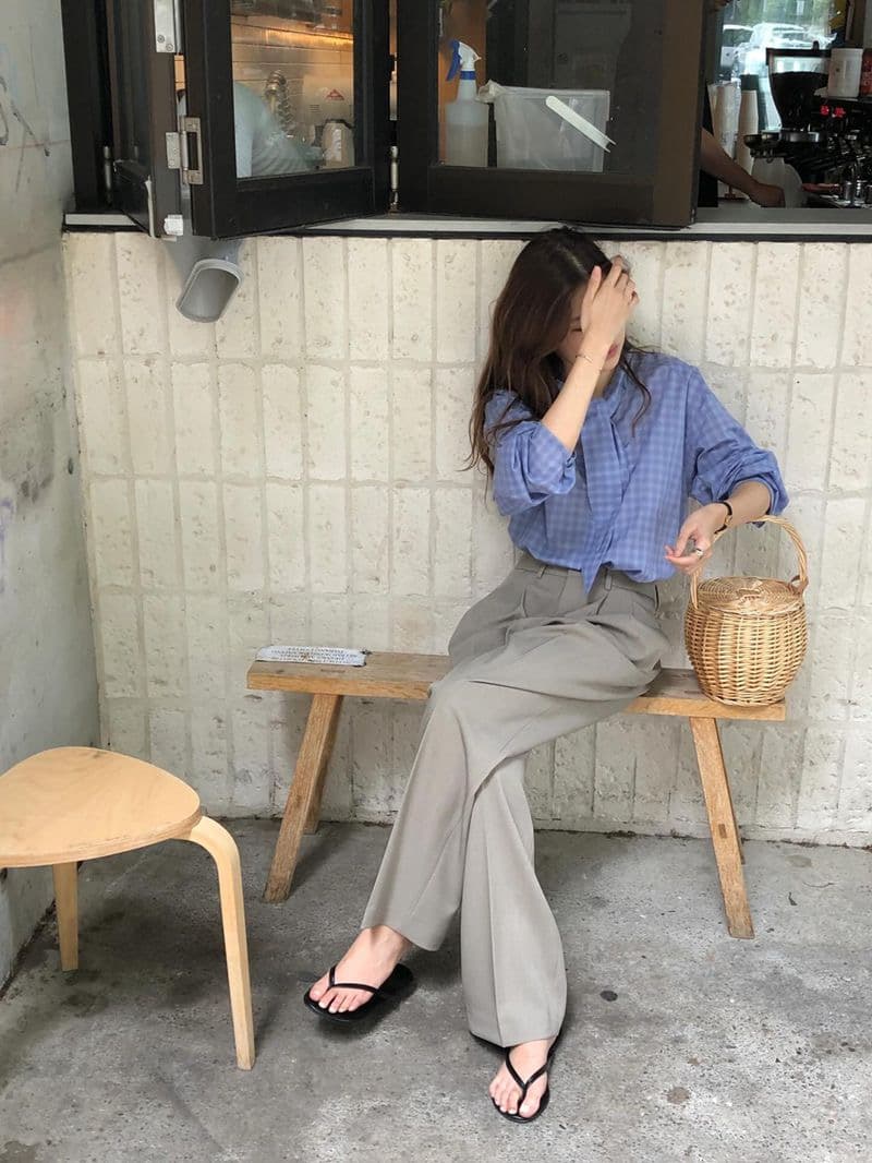 한국 동대문 체크무늬 리본 셔츠 부드러운 나비 넥타이 품격 루즈핏 다용도 긴팔 셔츠 상세 이미지 8