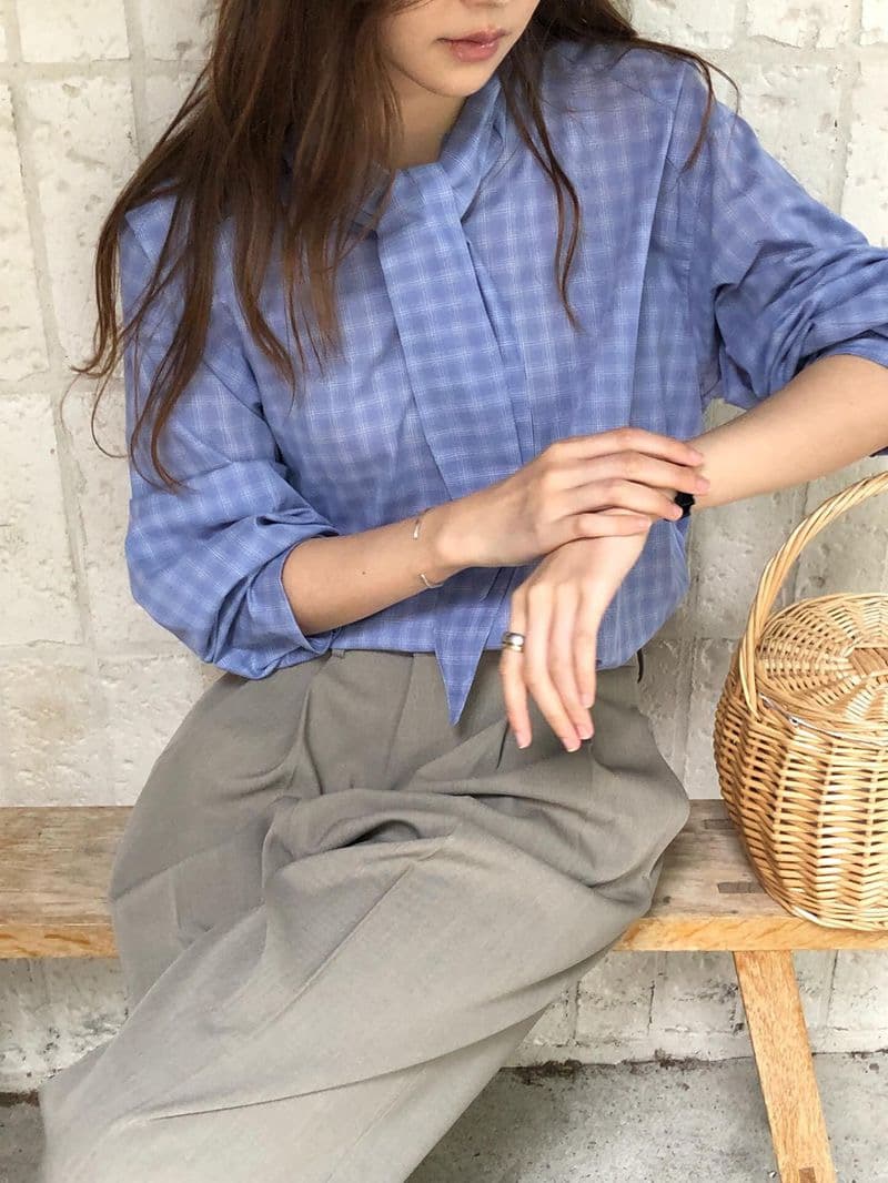 한국 동대문 체크무늬 리본 셔츠 부드러운 나비 넥타이 품격 루즈핏 다용도 긴팔 셔츠 상세 이미지 9