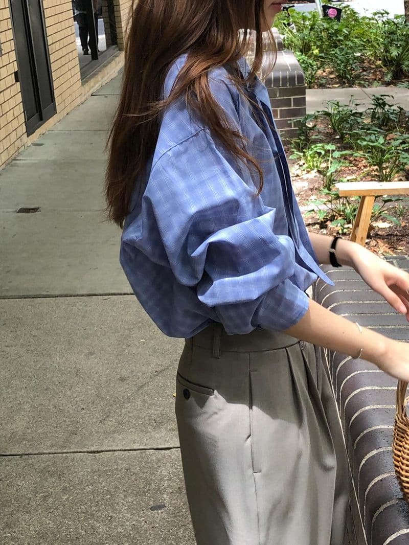 한국 동대문 체크무늬 리본 셔츠 부드러운 나비 넥타이 품격 루즈핏 다용도 긴팔 셔츠 상세 이미지 13