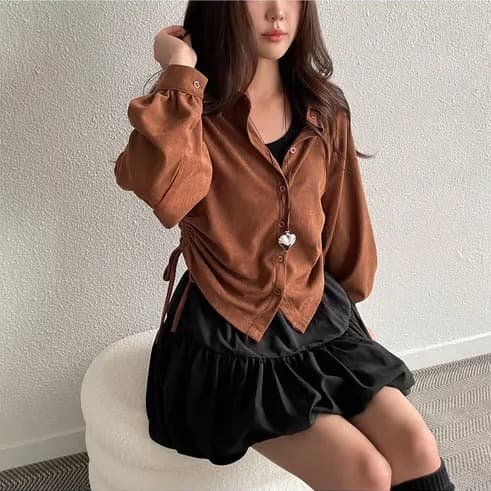 chic 한 부서 가을 겨울 레트로 폴로 칼라 작은 대중 펌프 로프 허리 수축 싱글 줄 버튼 캐주얼 다용도 스택 착용 셔츠 맨위 이미지 4