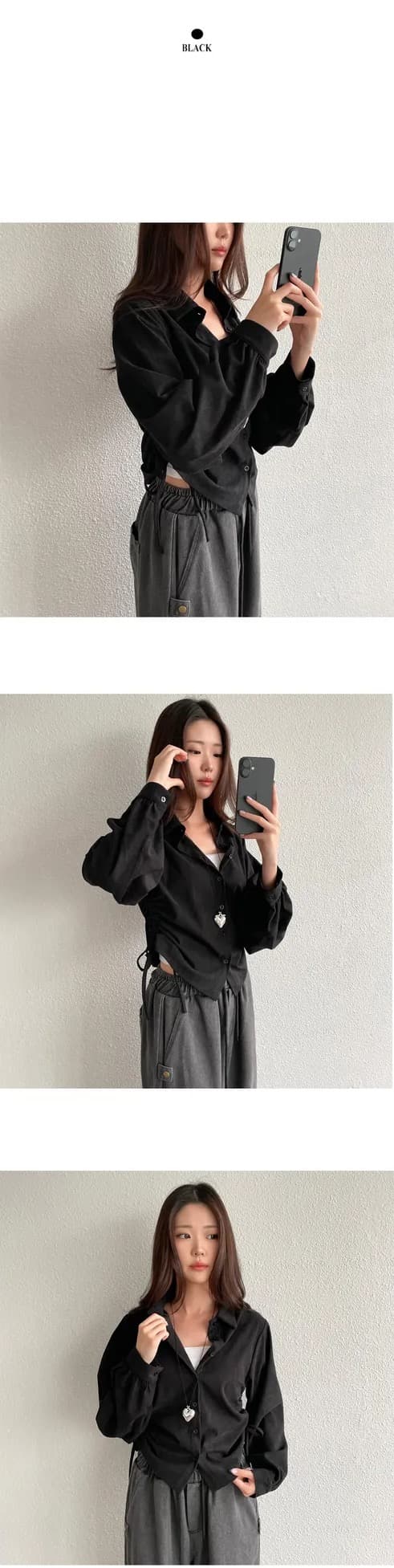 chic 한 부서 가을 겨울 레트로 폴로 칼라 작은 대중 펌프 로프 허리 수축 싱글 줄 버튼 캐주얼 다용도 스택 착용 셔츠 맨위 상세 이미지 3