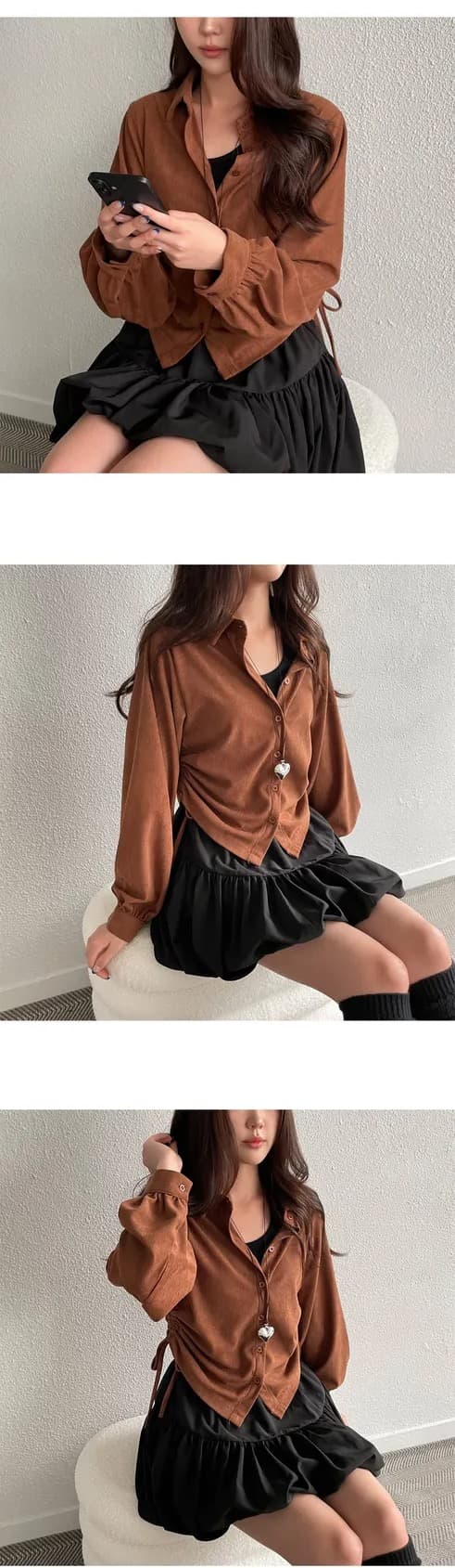 chic 한 부서 가을 겨울 레트로 폴로 칼라 작은 대중 펌프 로프 허리 수축 싱글 줄 버튼 캐주얼 다용도 스택 착용 셔츠 맨위 상세 이미지 4
